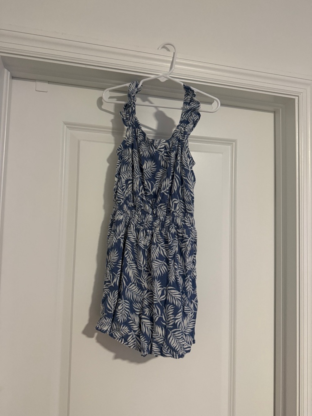 Girls Blue Leaf-Print One-Piece Romper